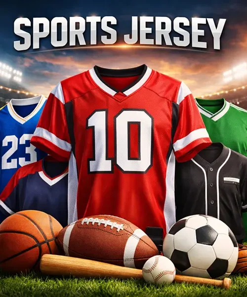 A colourful sports jersey collection displayed in a stadium with football, basketball, and soccer gear representing athletic performance.