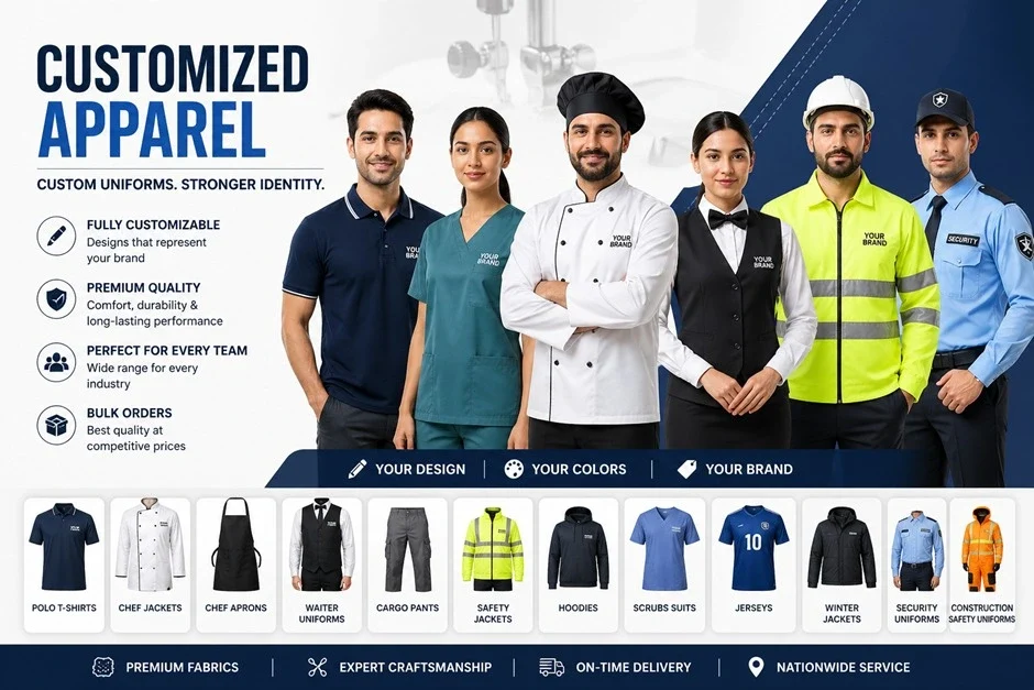 Customized Apparel & Branded Workwear Solutions Customized apparel including polo t-shirts, chef jackets, scrubs, safety jackets and security uniforms for businesses in India