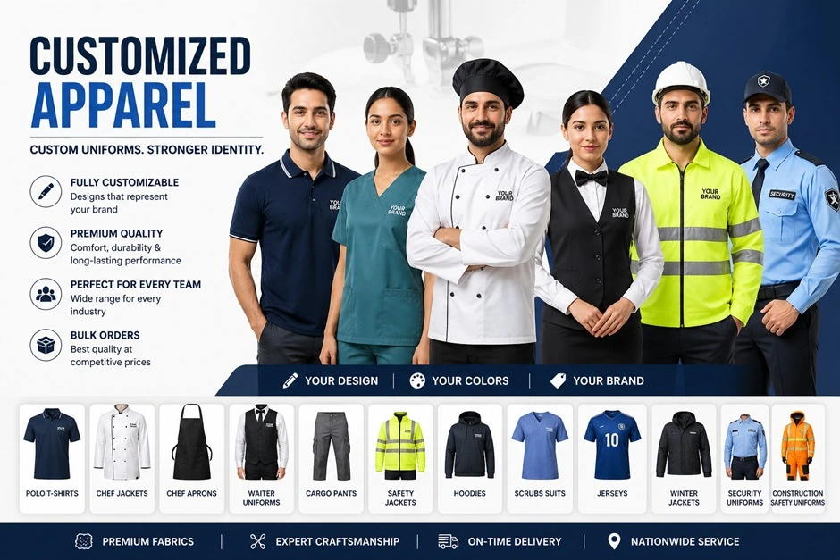 Customized apparel including polo t-shirts, chef jackets, scrubs, safety jackets and security uniforms for businesses in India