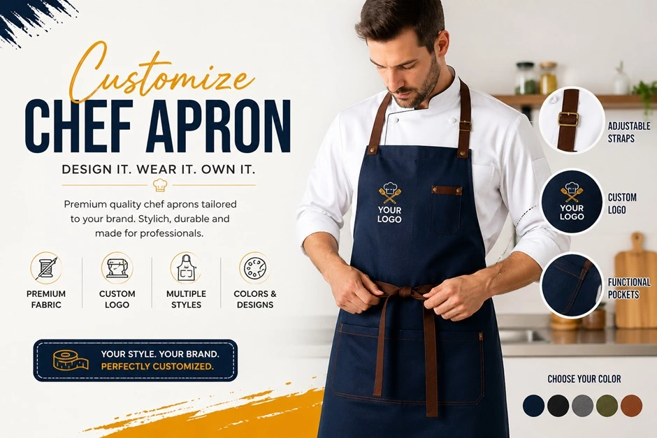 Customize Chef Apron with Logo and Premium Design Chef wearing a customized apron with logo, adjustable straps, and functional pockets in a modern kitchen setting