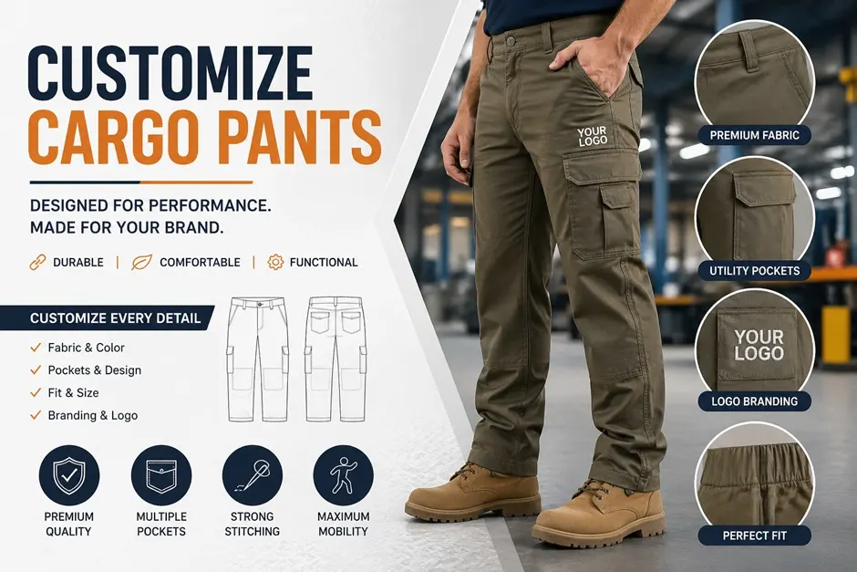 Customize Cargo Pants for Workwear Uniforms Custom cargo pants with logo, utility pockets, and durable fabric for industrial and corporate uniforms