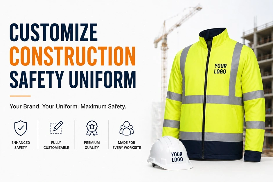 Customize construction safety uniform with high visibility jacket and helmet on construction site background