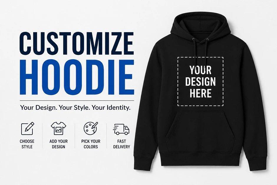 Custom hoodie with logo design area for branding, ideal for uniforms, teams, and promotional apparel
