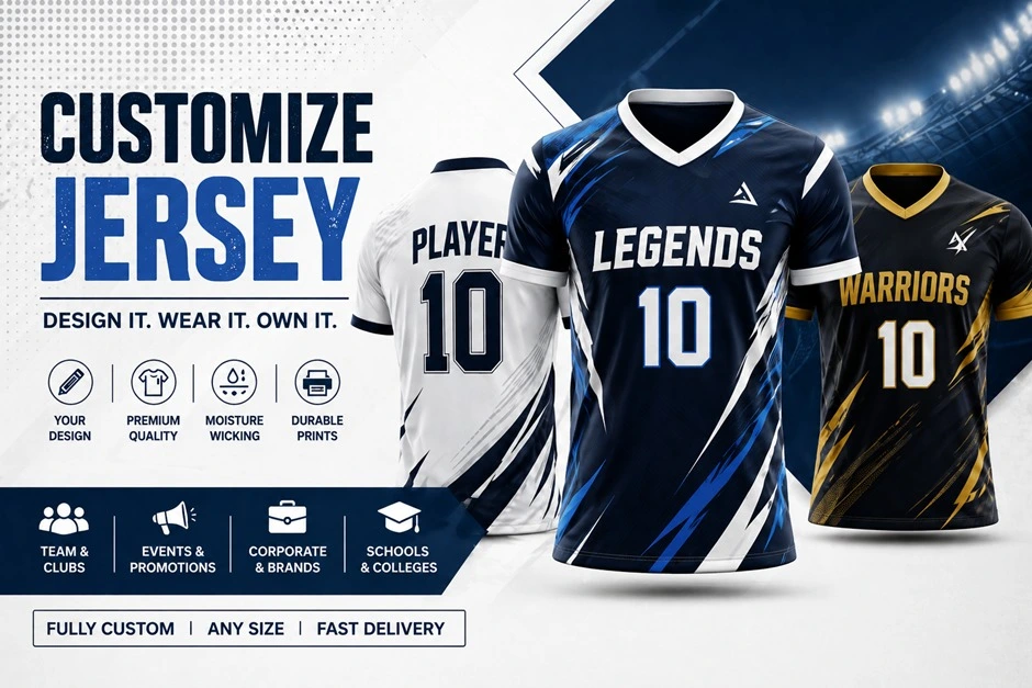 Custom sports jerseys with personalized design, logos, numbers, and premium fabric for teams, events, and brands