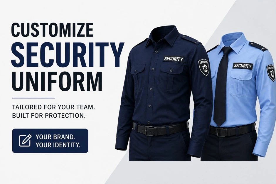 Customize Security Uniform Professional Design Custom security uniform design with navy and blue shirts showing professional tailored protection wear for guards