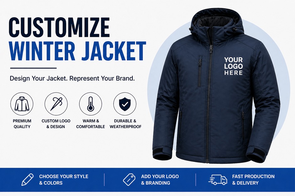 Customize Winter Jacket with Logo Branding Custom winter jacket with logo, insulated fabric and durable design for branded uniforms and team wear