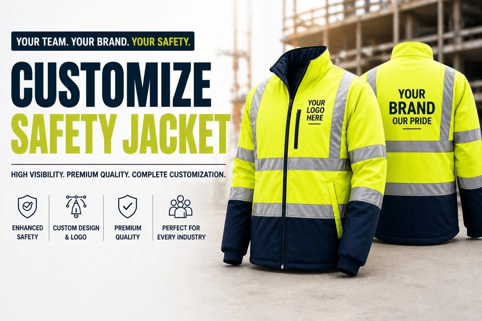 Custom Safety Jacket with High Visibility Design Custom safety jacket with reflective strips and logo branding for construction and industrial workers