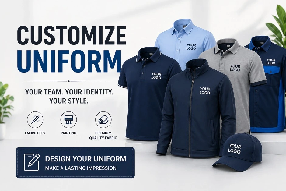 Customize Uniform with Logo Custom Workwear Custom uniform with logo printing and embroidery for corporate teams, featuring premium shirts, jackets, and caps