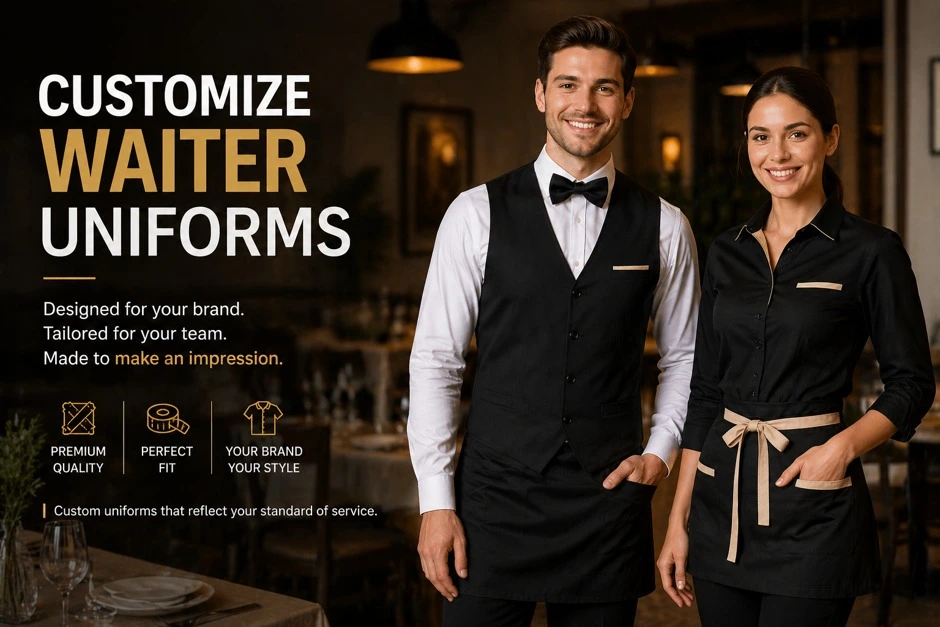 Customize Waiter Uniforms | Premium Hospitality Wear Custom waiter uniforms with logo, premium fabric, and tailored fit in a modern restaurant setting